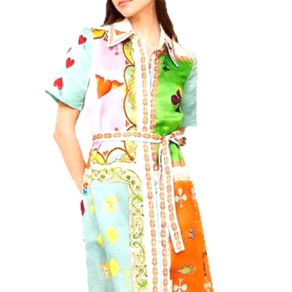 BUTTON DOWN ALICE IN WONDERLAND CARDS MAXI DRESS SQUARES OF HEARTS , CLUBS DRESS - Picture 2 of 6